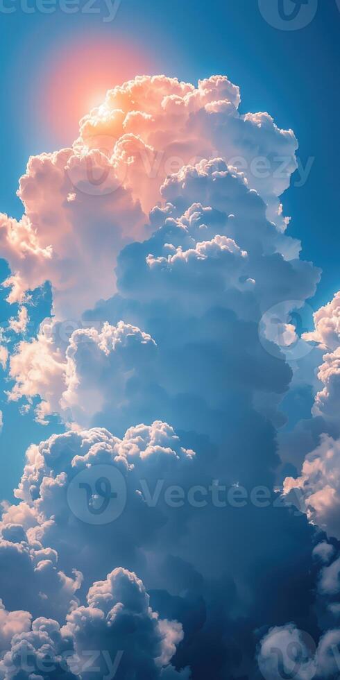 AI generated vertical sunset sky background with clouds and sunbeams, nature composition photo