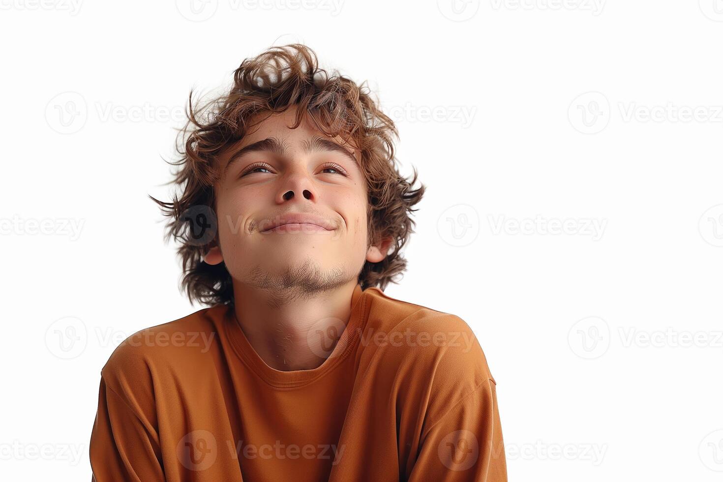 ai generado retrato de un hermoso joven hombre con Rizado pelo mira arriba soñando aislado en blanco antecedentes foto