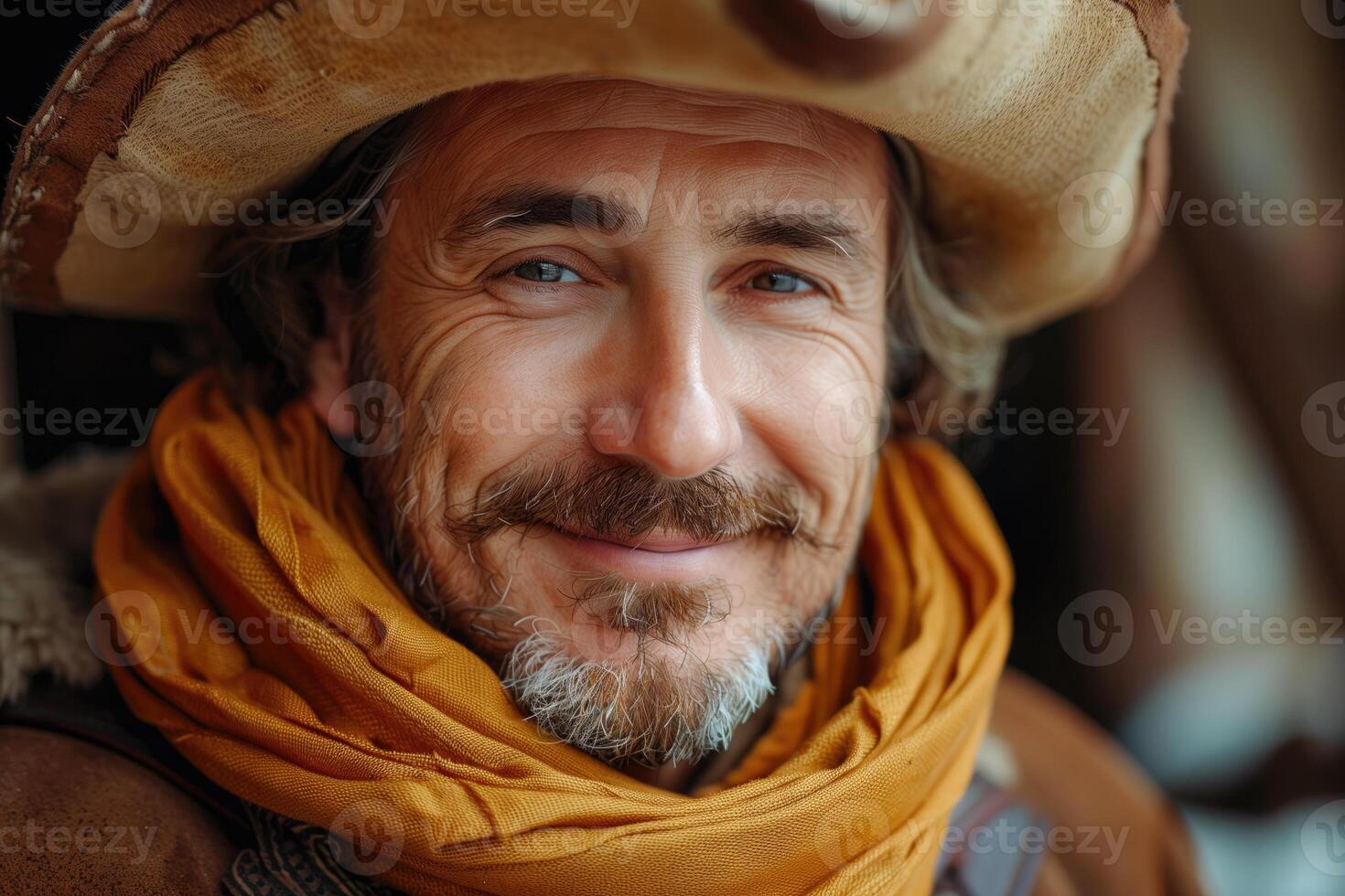 AI generated Close up portrait of a handsome mature man wearing hat and scarf photo