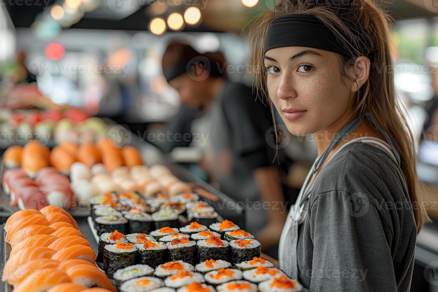 ai generado joven asiático hembra Sushi cocinero haciendo Sushi rodar en rápido comida restaurante. japonés comida concepto, foto