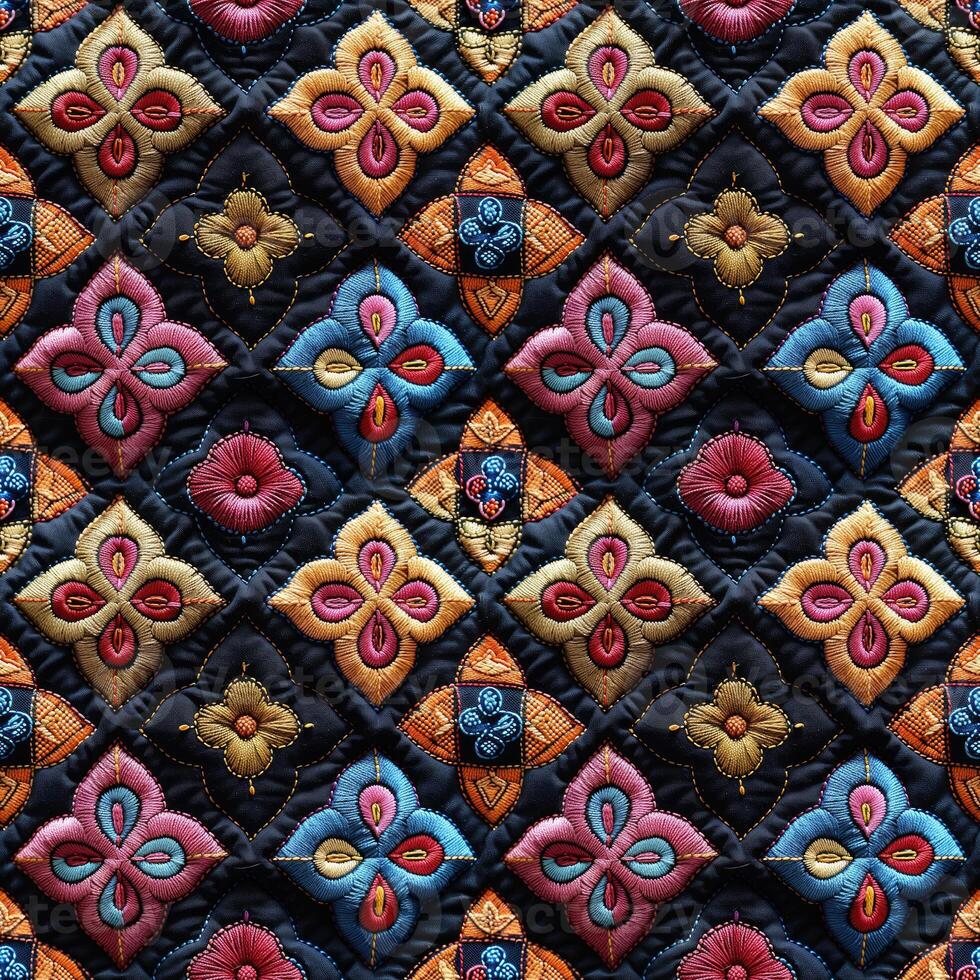 AI generated seamless textile background, colorful patchwork made from embroidered pieces of fabric photo