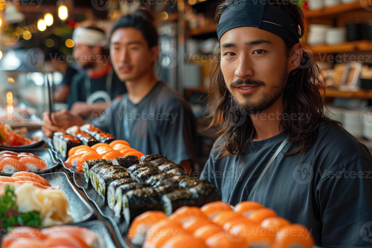 AI generated handsome asian man making sushi roll at japanese restaurant photo
