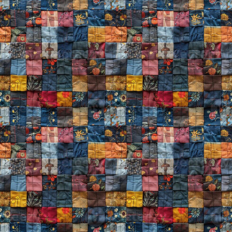 AI generated seamless textile background, colorful patchwork quilt made from pieces of fabric photo