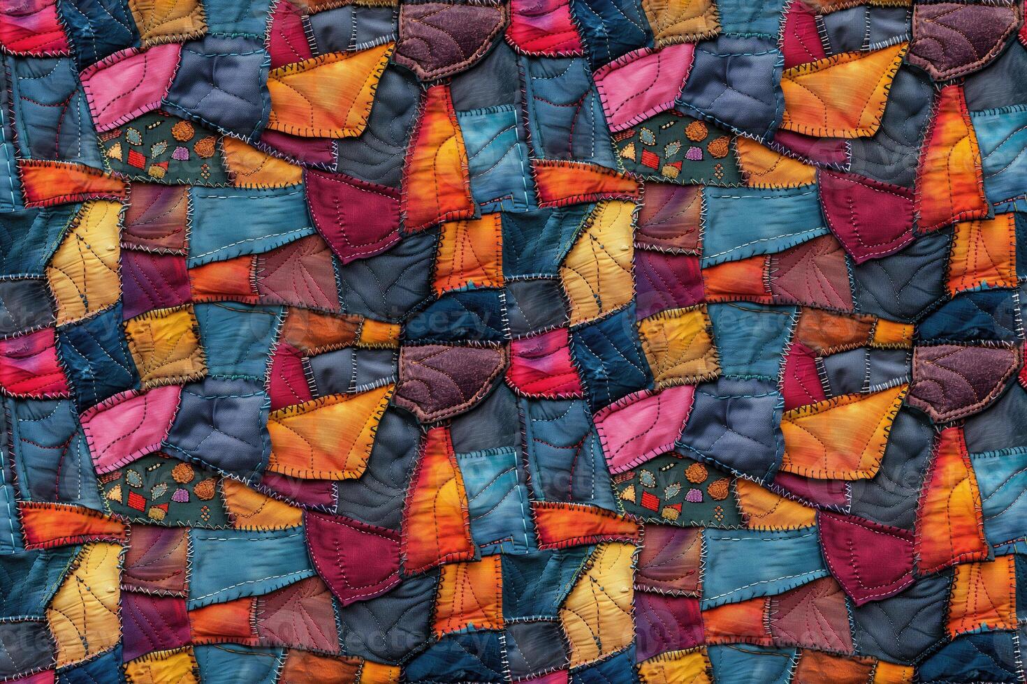 AI generated seamless textile background, colorful patchwork quilt made from pieces of fabric photo