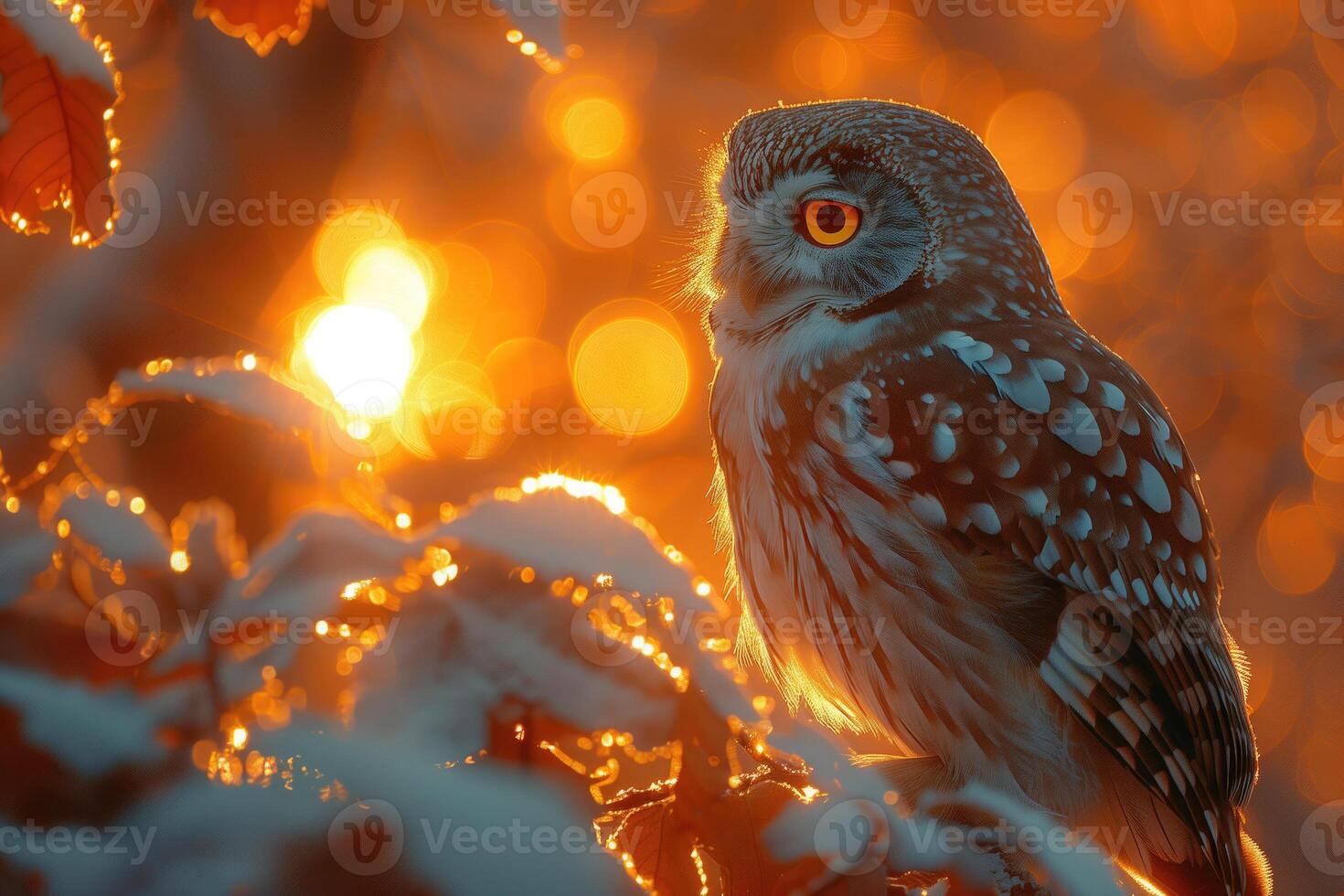 AI generated Little owl in the forest at sunset photo