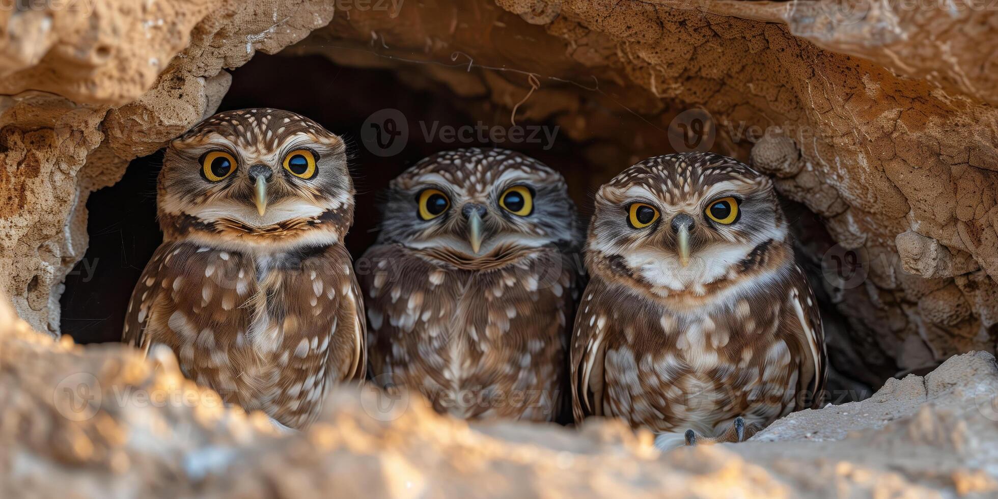 AI generated group of Burrowing owls Athene cunicularia in underground nest photo