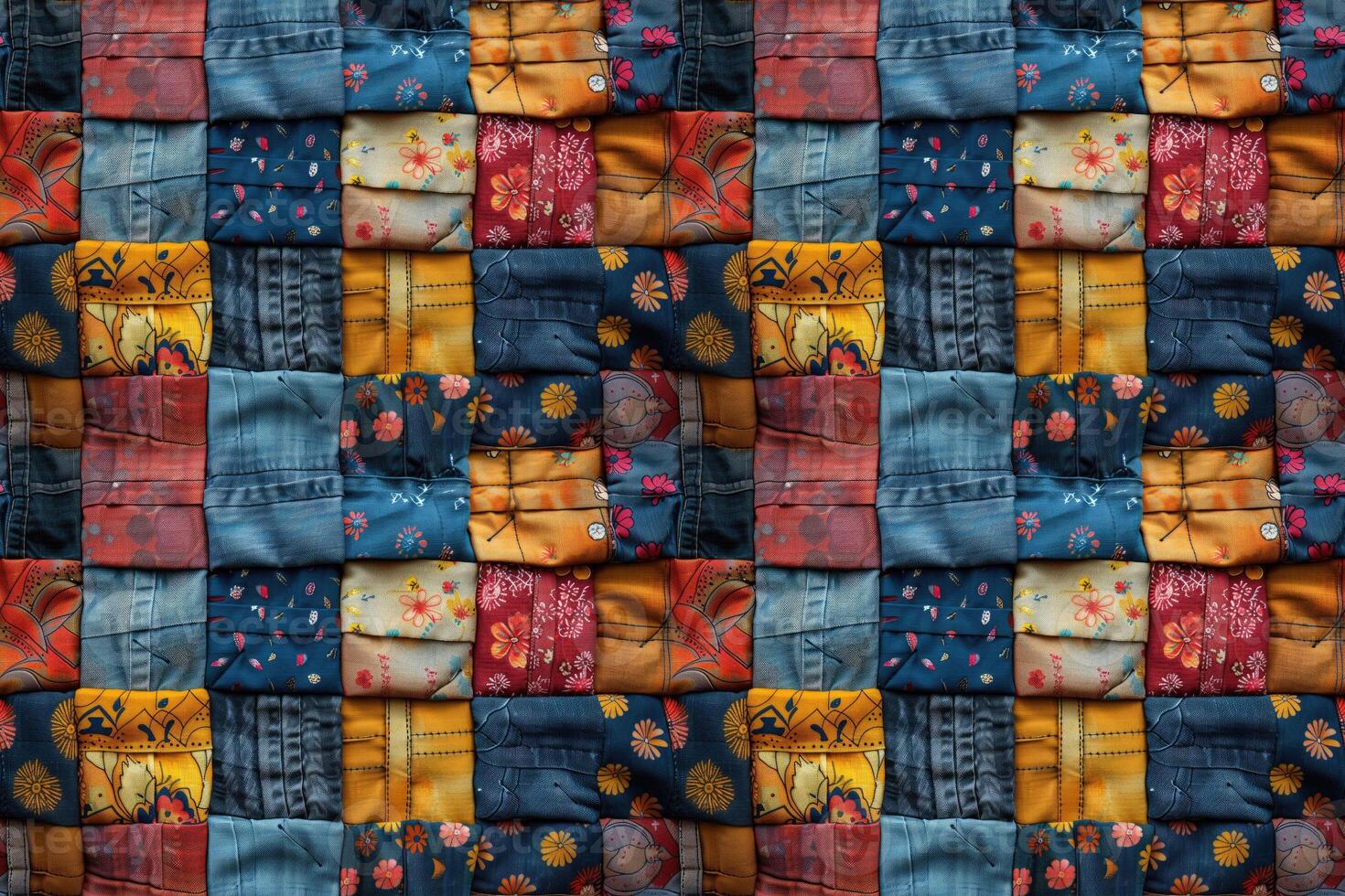 AI generated seamless textile background, colorful patchwork quilt made from pieces of fabric photo