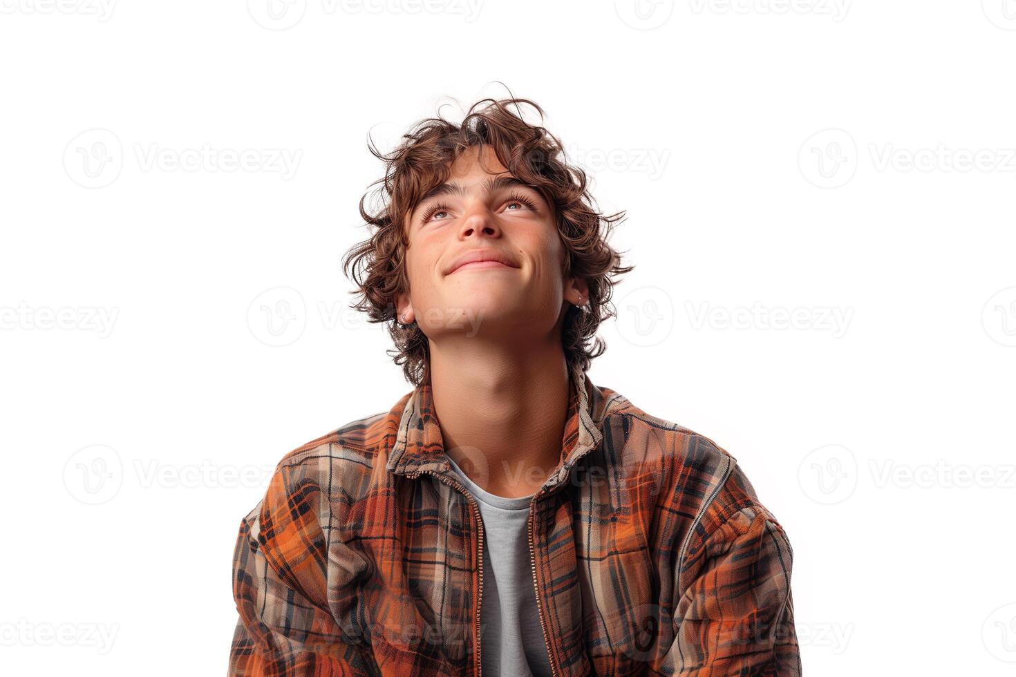 AI generated portrait of a handsome young man with curly hair looks up dreamily isolated on white background photo