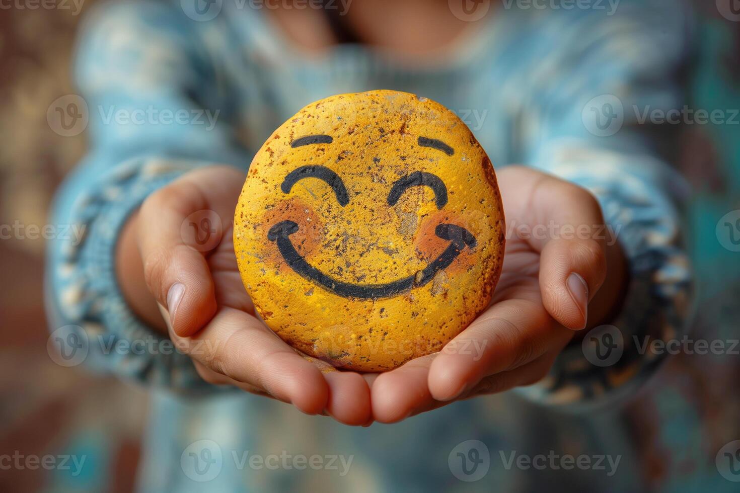 AI generated Funny handmade smiley face in child hands, closeup photo