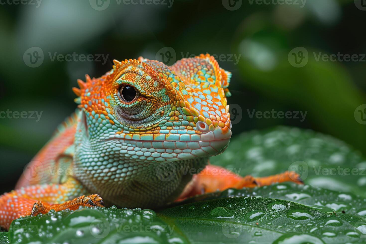 AI generated colorful chameleon sitting on green leaf in rainforest photo