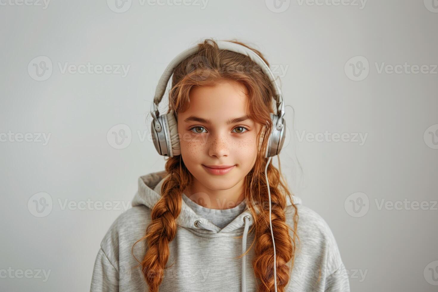 AI generated Portrait of a cute little girl with headphones listening to music. photo