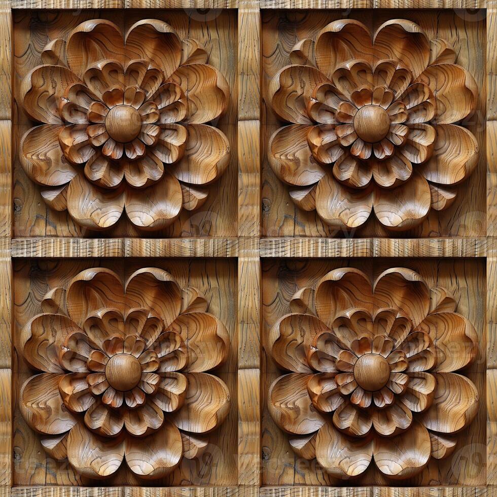 AI generated seamless background, floral pattern carved on a wooden surface photo
