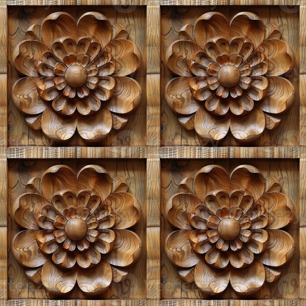 AI generated seamless background, floral pattern carved on a wooden surface photo