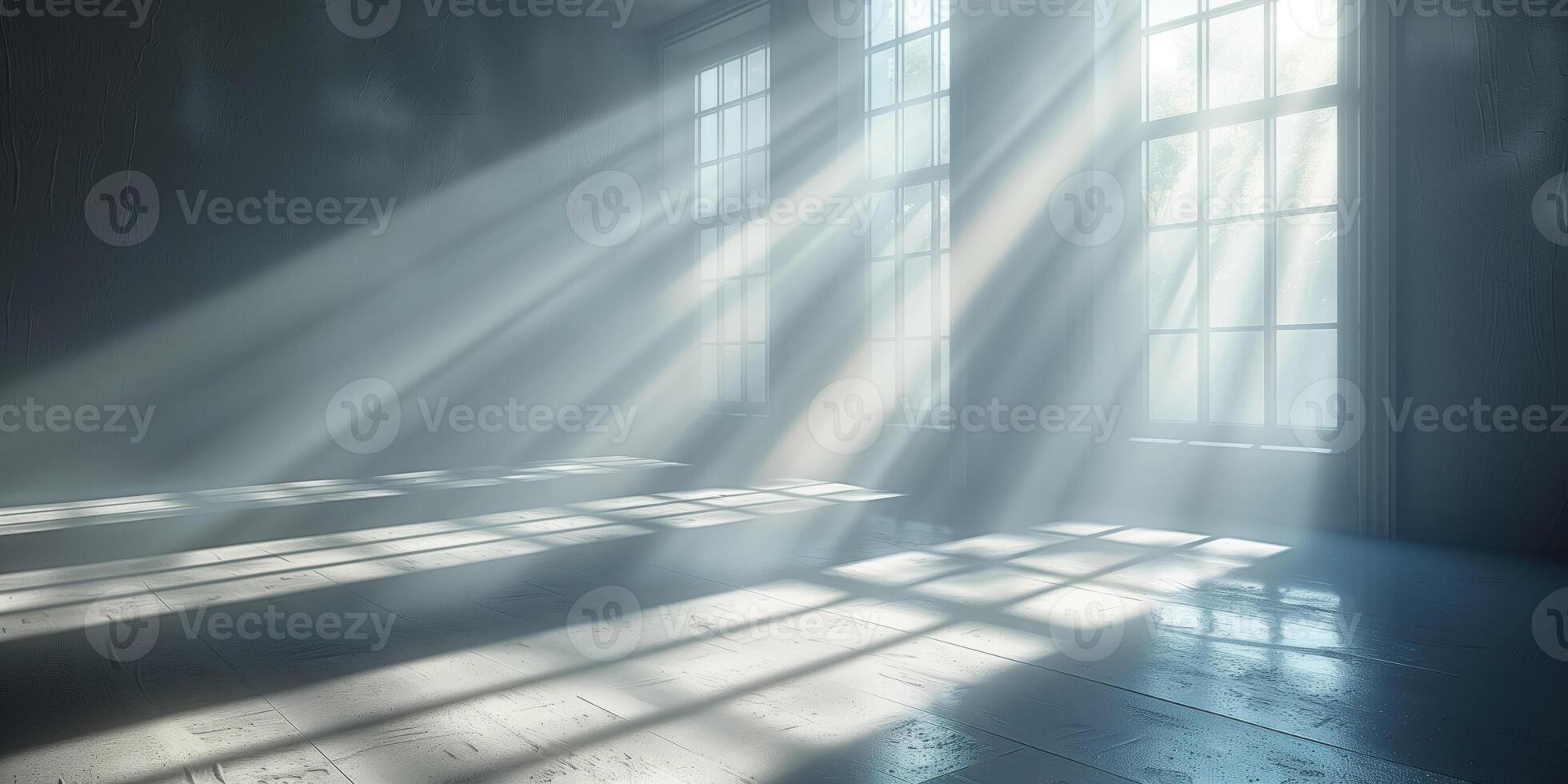 AI generated Sun rays shining through window in empty room. photo