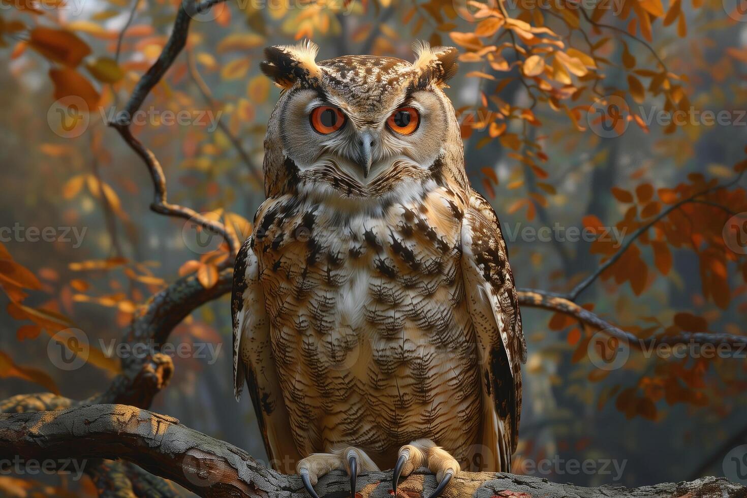 AI generated Great Horned Owl Bubo virginianus in autumn forest photo