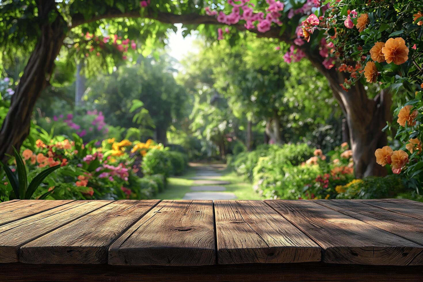 AI generated Empty wooden table on the natural background. For product display photo