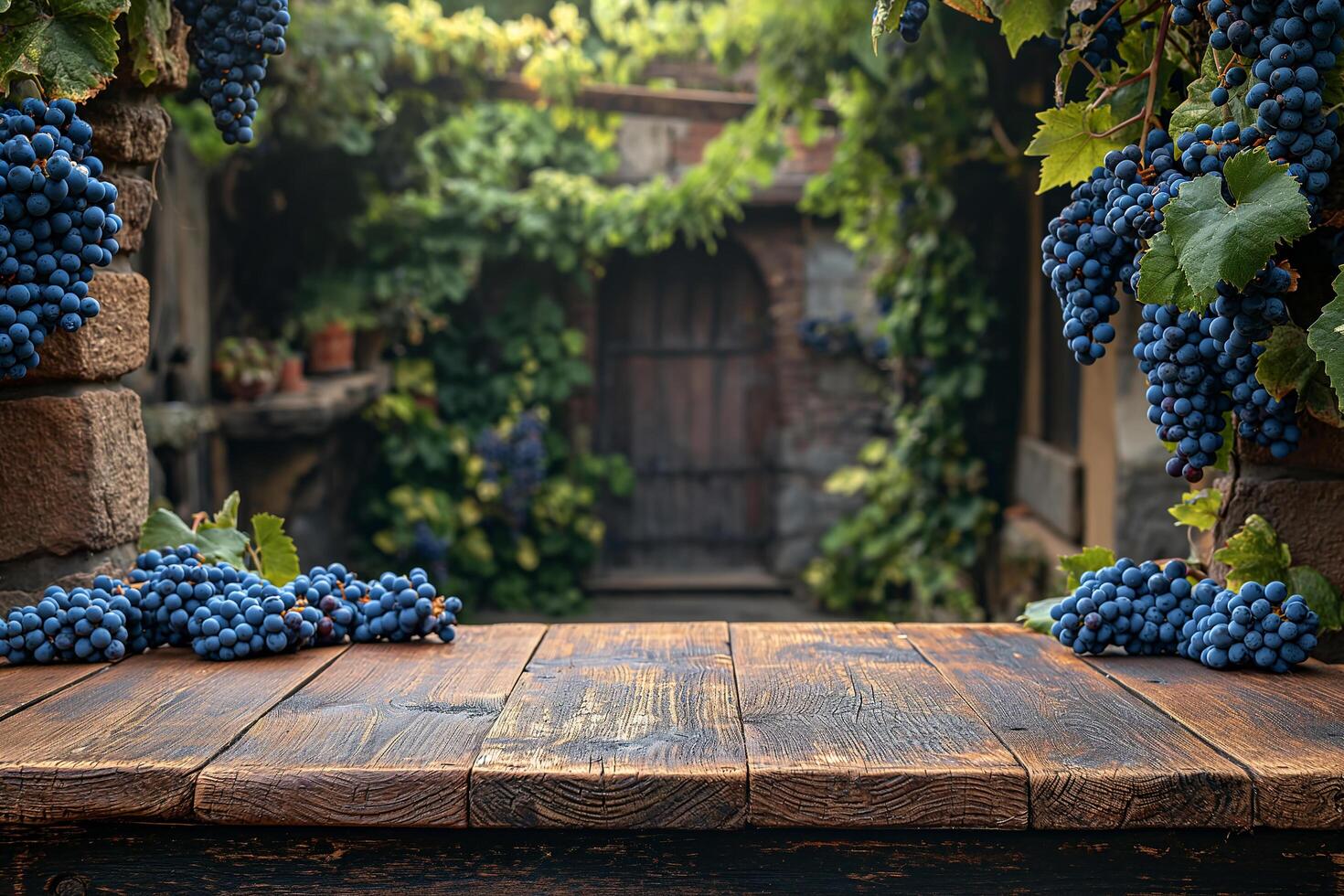 AI generated Empty wooden table on the natural background. For product display photo