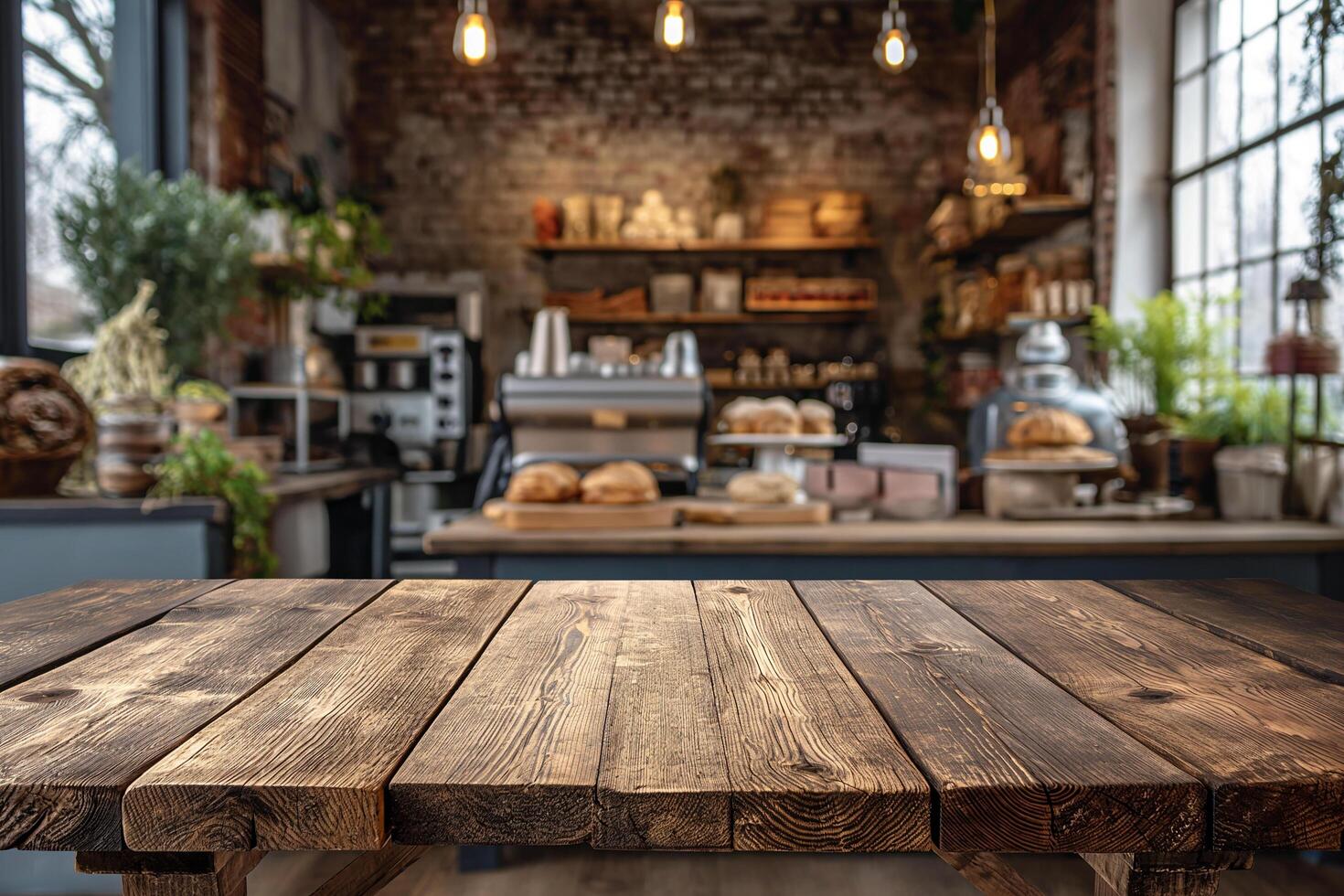 AI generated Empty wooden table on the natural background. For product display photo