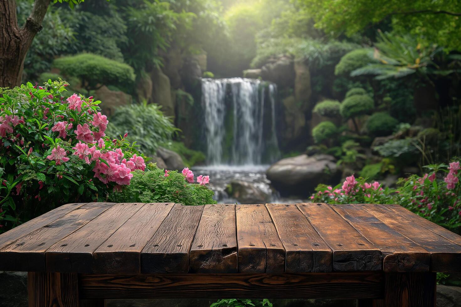 AI generated Empty wooden table on the natural background. For product display photo