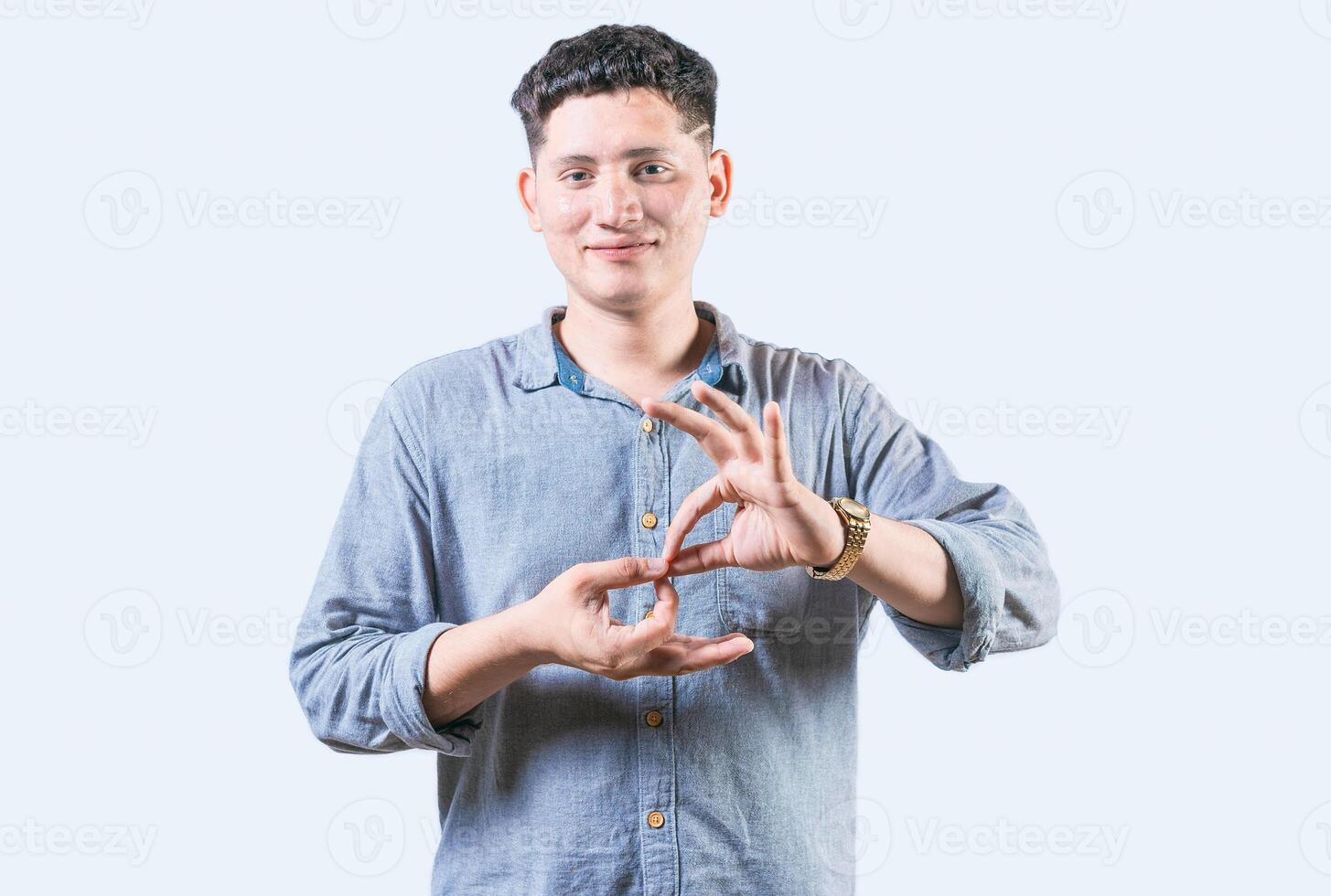 People speaking in sign language isolated. Man showing sign language to talk isolated photo