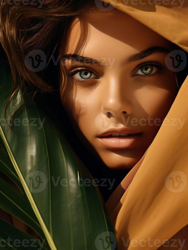 AI generated Woman's face surrounded by leaves. Ai generated closeup photo with wild atmosphere perfect for organic cosmetics, women's brands, wellness website
