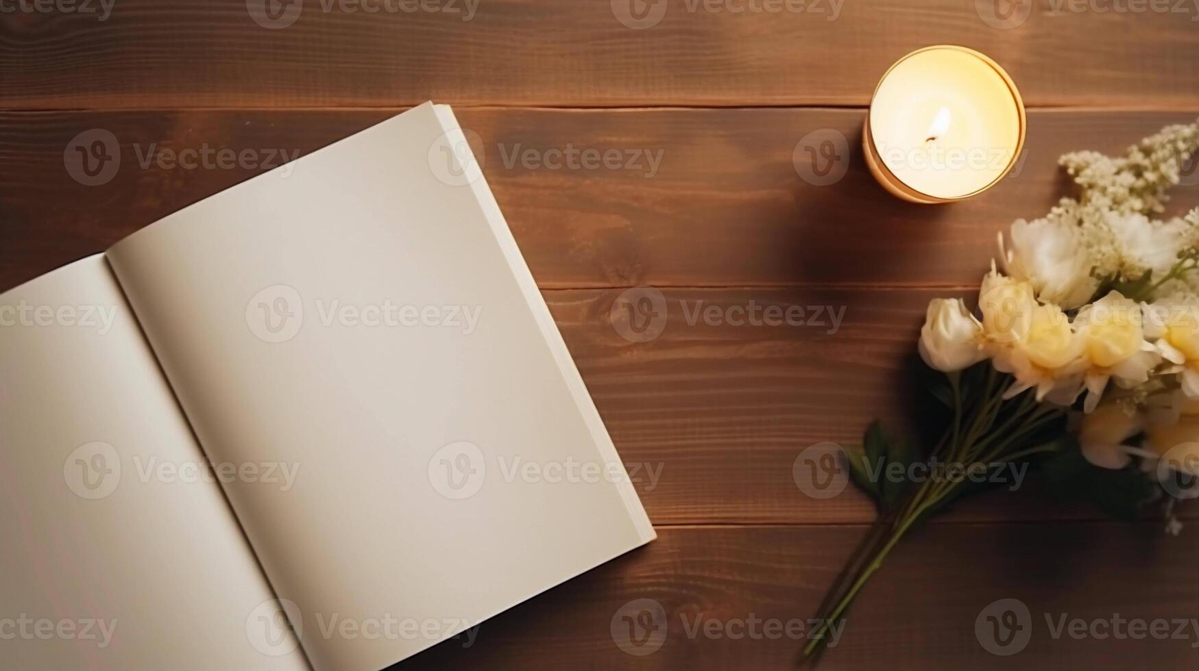 AI generated Wooden table with a flowers, candle and book. Evening relaxation and home comfort concept photo
