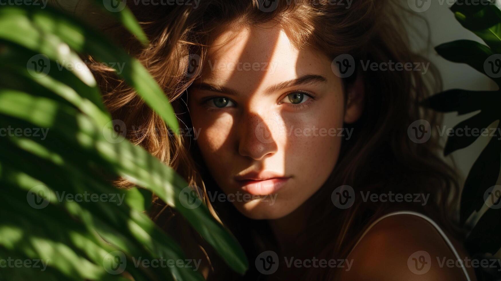 AI generated Portrait of curly woman surrounded by plants. Ai generated photo with wild atmosphere perfect for organic cosmetics, women's brands, wellness website