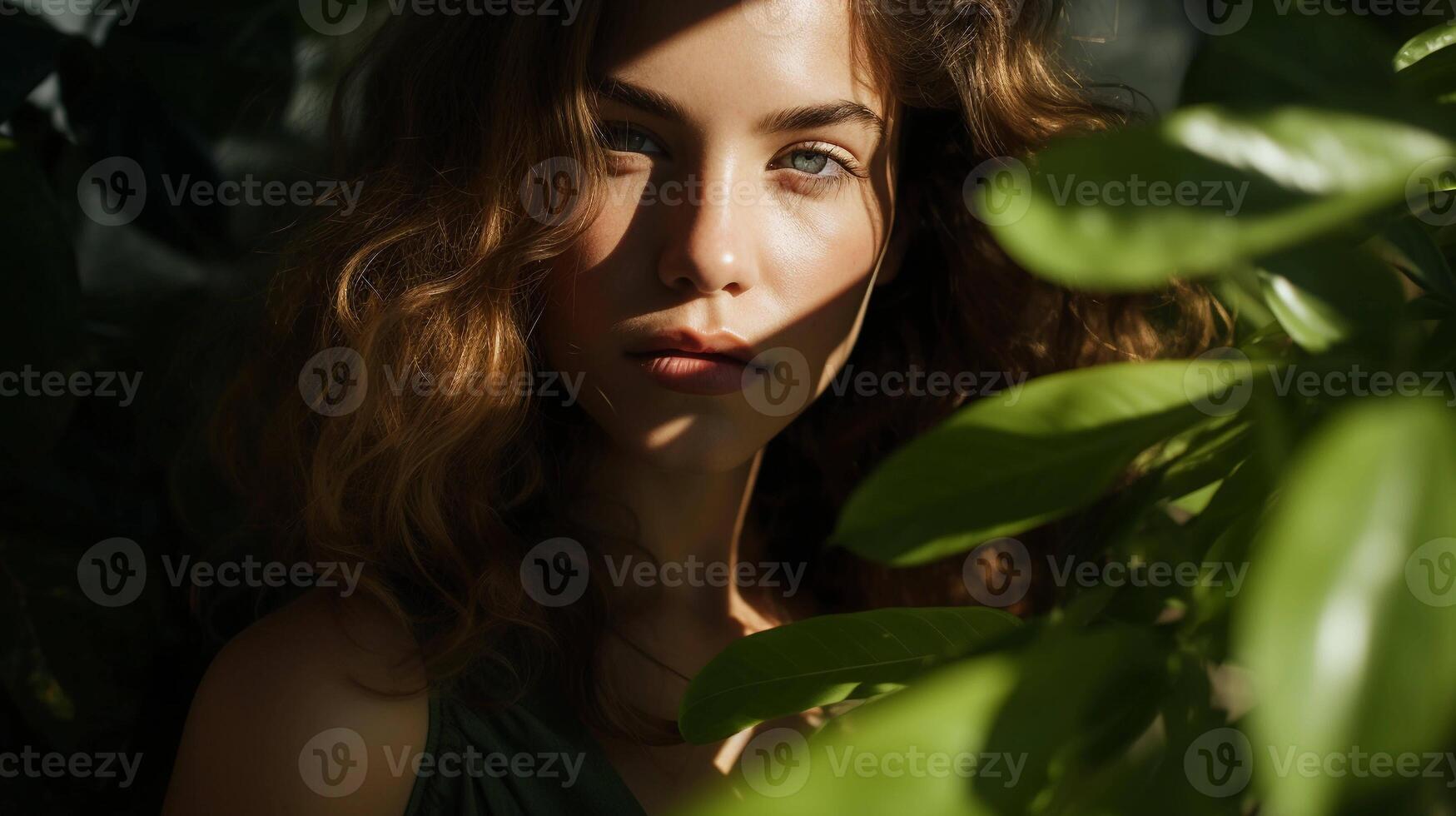 AI generated Portrait of curly woman surrounded by plants. Ai generated photo with wild atmosphere perfect for organic cosmetics, women's brands, wellness website