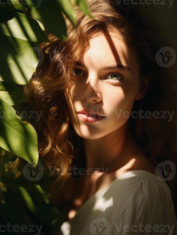 AI generated Portrait of curly woman surrounded by plants. Ai generated photo with wild atmosphere perfect for organic cosmetics, women's brands, wellness website