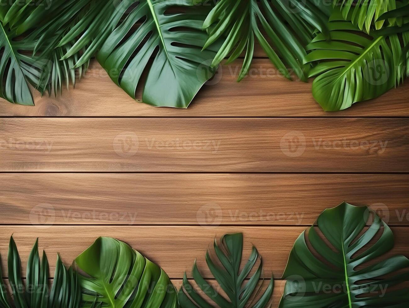 AI generated Dark tropical leaves on the dark wooden background with copy space. Ai generated photo top view template with botanical border