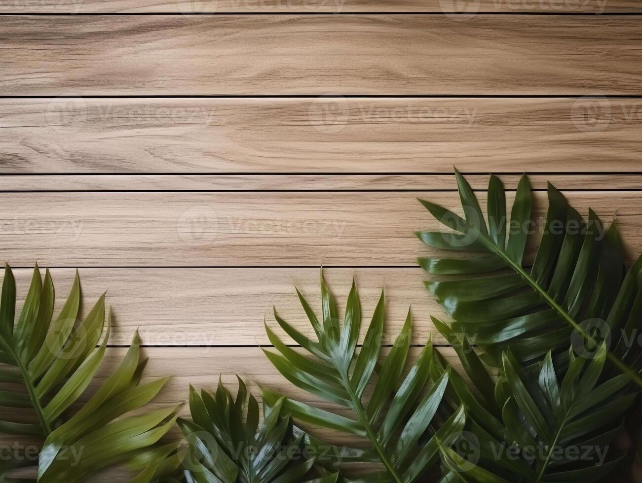 AI generated Dark tropical leaves on the wooden background with copy space. Ai generated photo top view template with botanical border