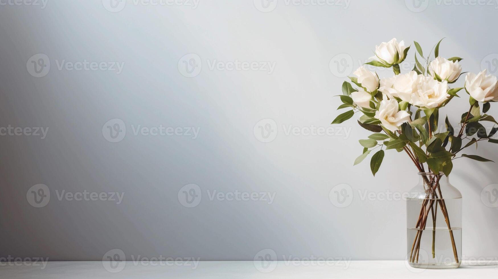 AI generated Vase with bouquet on a minimalist grey background with shadow. Photography with the concept of aesthetic and home decor photo