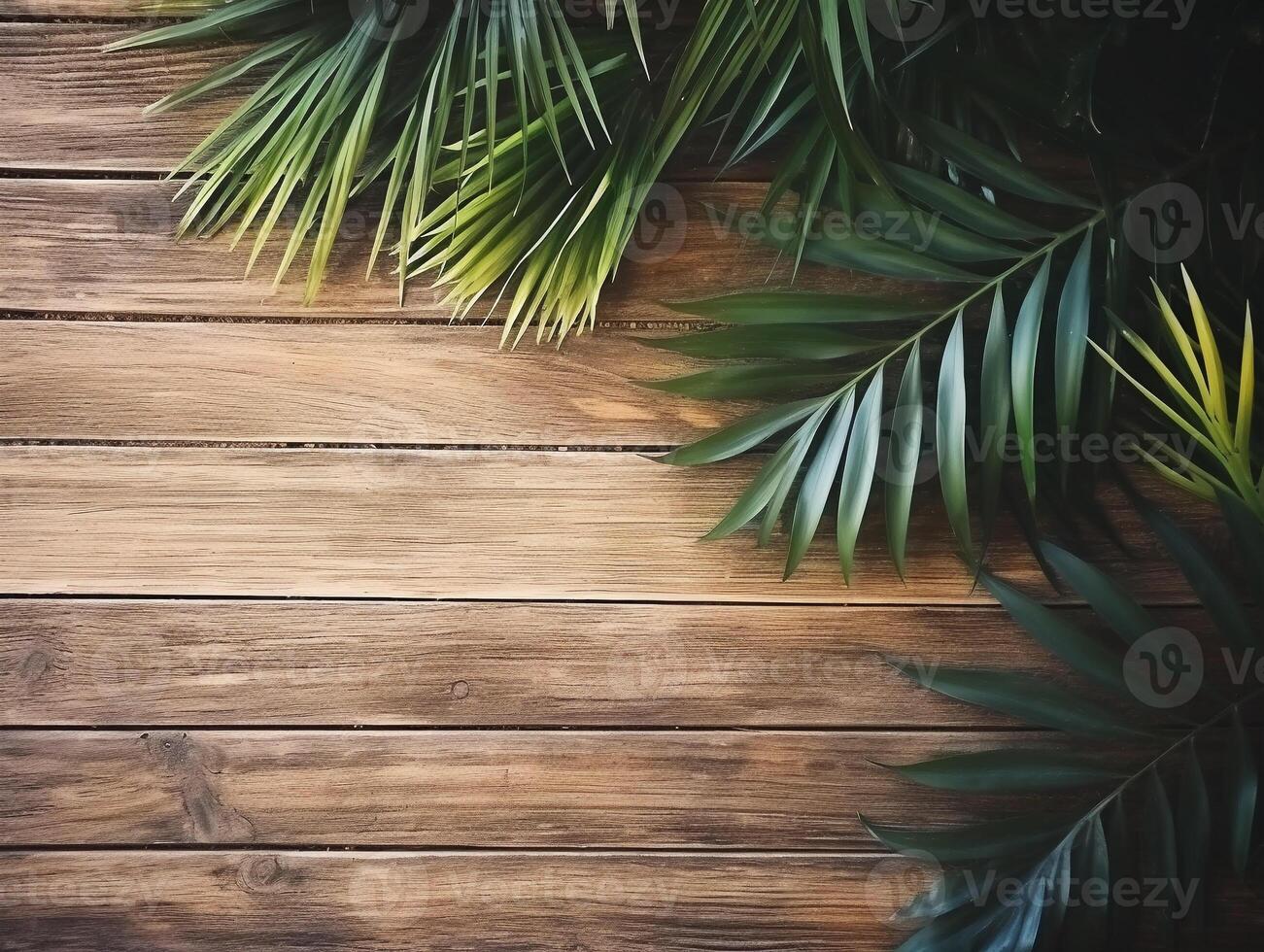AI generated Dark tropical leaves on the dark wooden background with copy space. Ai generated photo top view template with botanical border