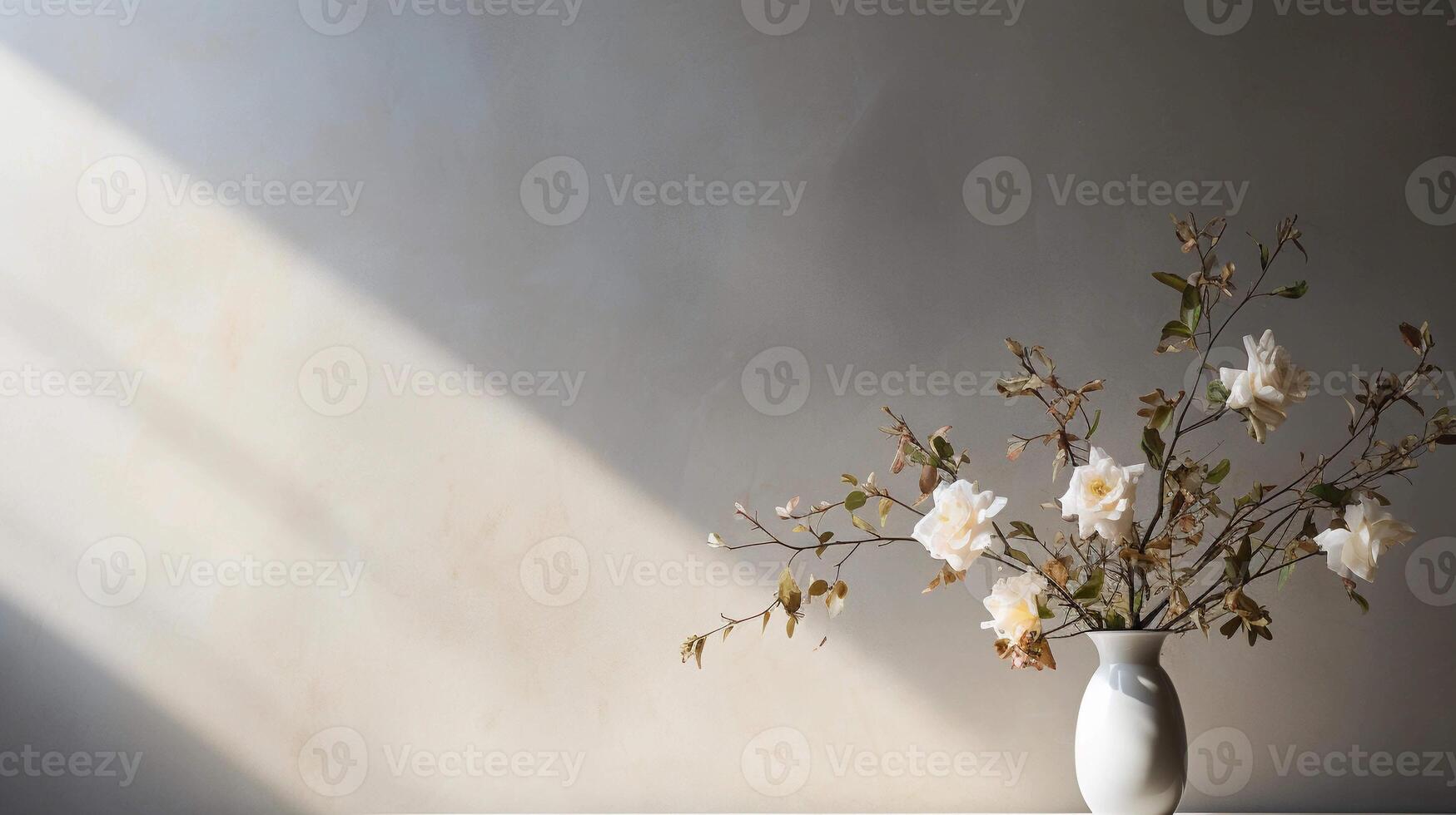 ai generado florero con ramo de flores en un minimalista gris antecedentes con sombra. fotografía con el concepto de estético y hogar decoración foto