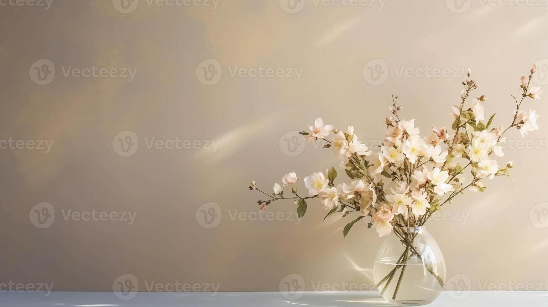 AI generated Vase with bouquet on a minimalist beige background with shadow. Photography with the concept of aesthetic and home decor photo