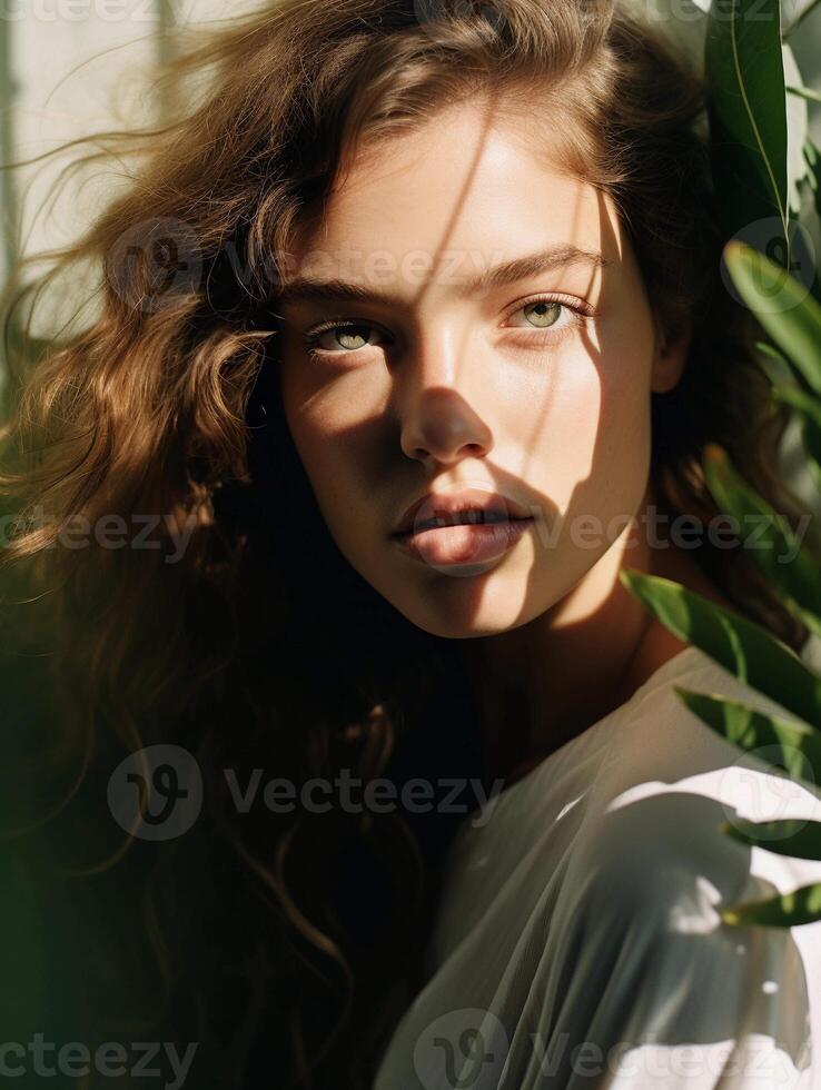 AI generated Portrait of curly woman surrounded by plants. Ai generated photo with wild atmosphere perfect for organic cosmetics, women's brands, wellness website