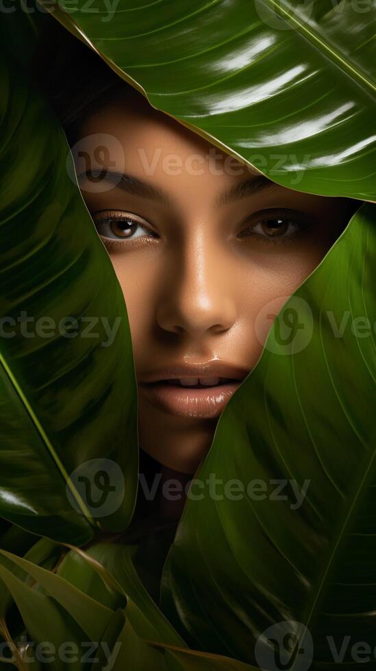 AI generated Woman's face surrounded by leaves. Ai generated closeup photo with wild atmosphere perfect for organic cosmetics, women's brands, wellness website