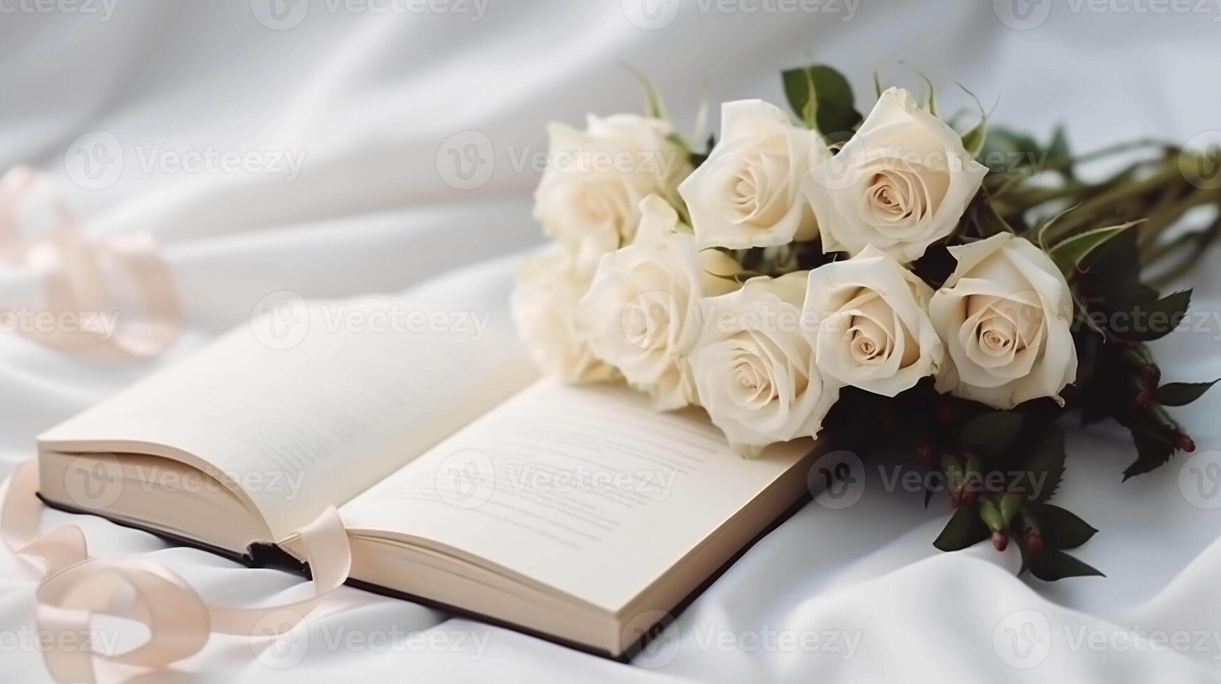 ai generado foto de un elegante atmósfera con un rosas, libro y satín cinta. elegante femenino decoración en clásico estilo