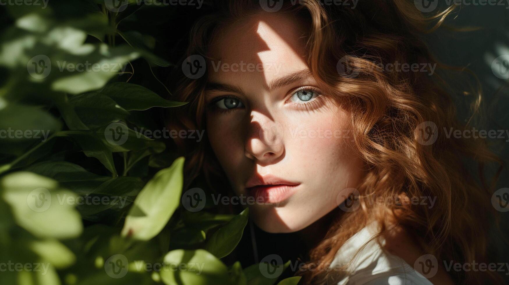 AI generated Portrait of curly woman surrounded by plants. Ai generated photo with wild atmosphere perfect for organic cosmetics, women's brands, wellness website