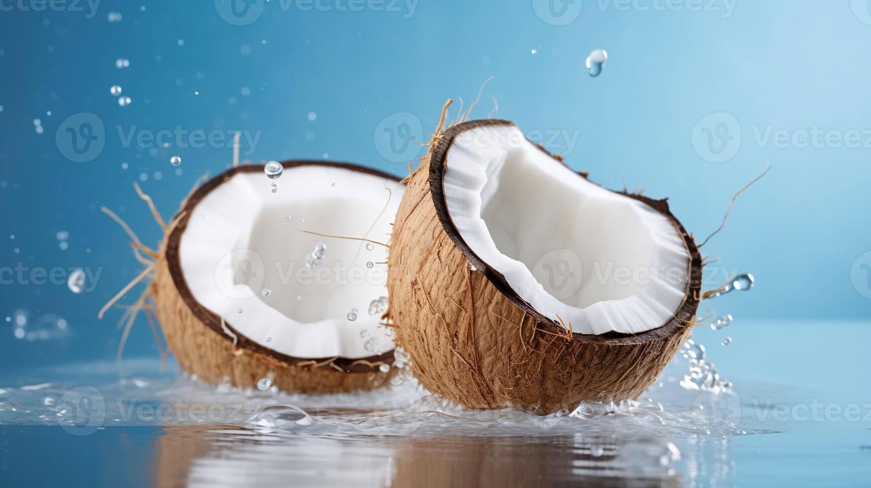 AI generated Photo with halves of coconut with water splashes. Bright banner on blue background with copy space. Ai generation