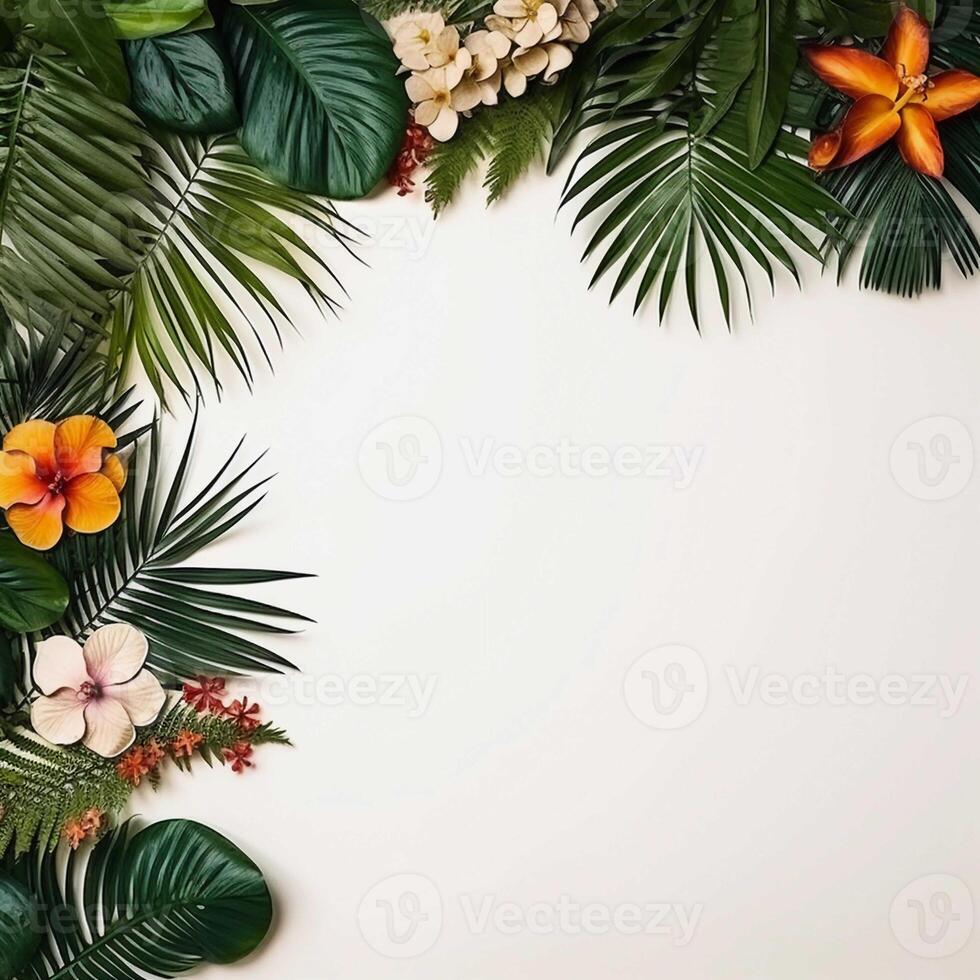 AI generated Dark tropical leaves and pink flowers on the white background. Ai generated photo top view template with botanical border and copy space