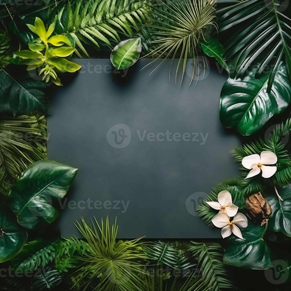 AI generated Dark tropical leaves and pink flowers on the black background. Ai generated photo top view template with botanical border