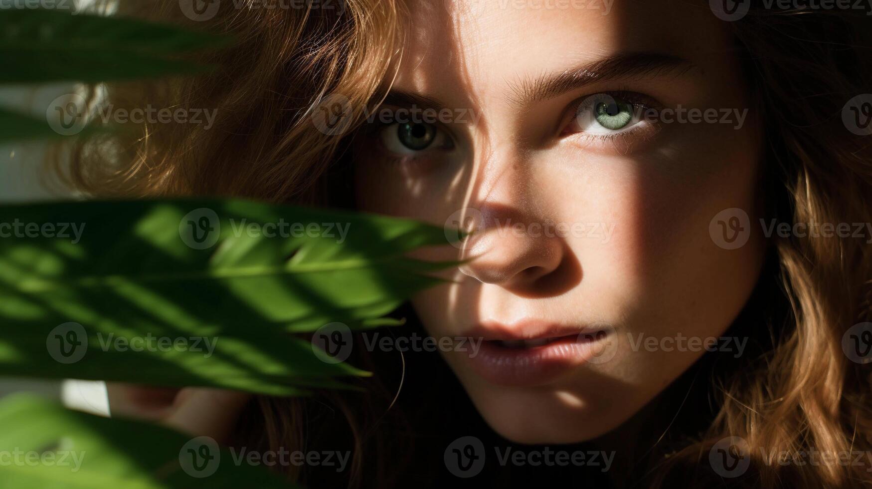 AI generated Portrait of curly woman surrounded by plants. Ai generated photo with wild atmosphere perfect for organic cosmetics, women's brands, wellness website