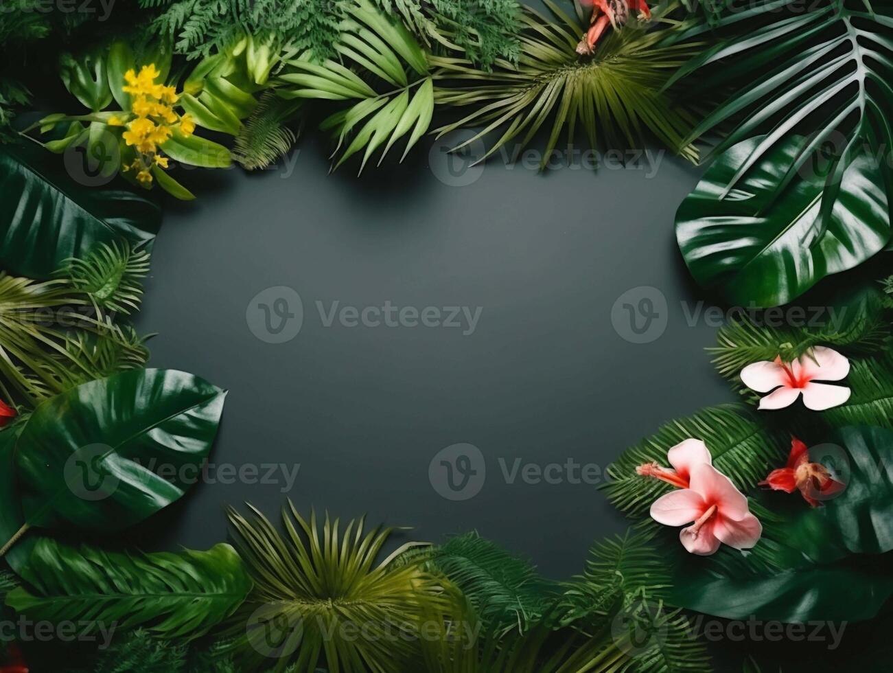 AI generated Dark tropical leaves and pink flowers on the black background. Ai generated photo top view template with botanical border