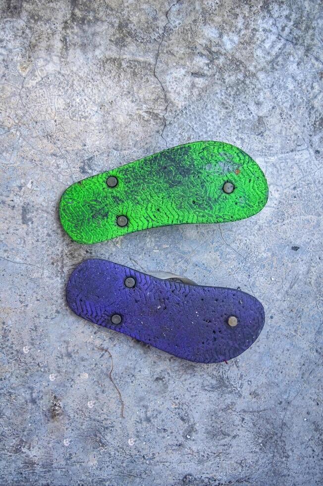 a pair of purple and green flip-flops placed upside down photo