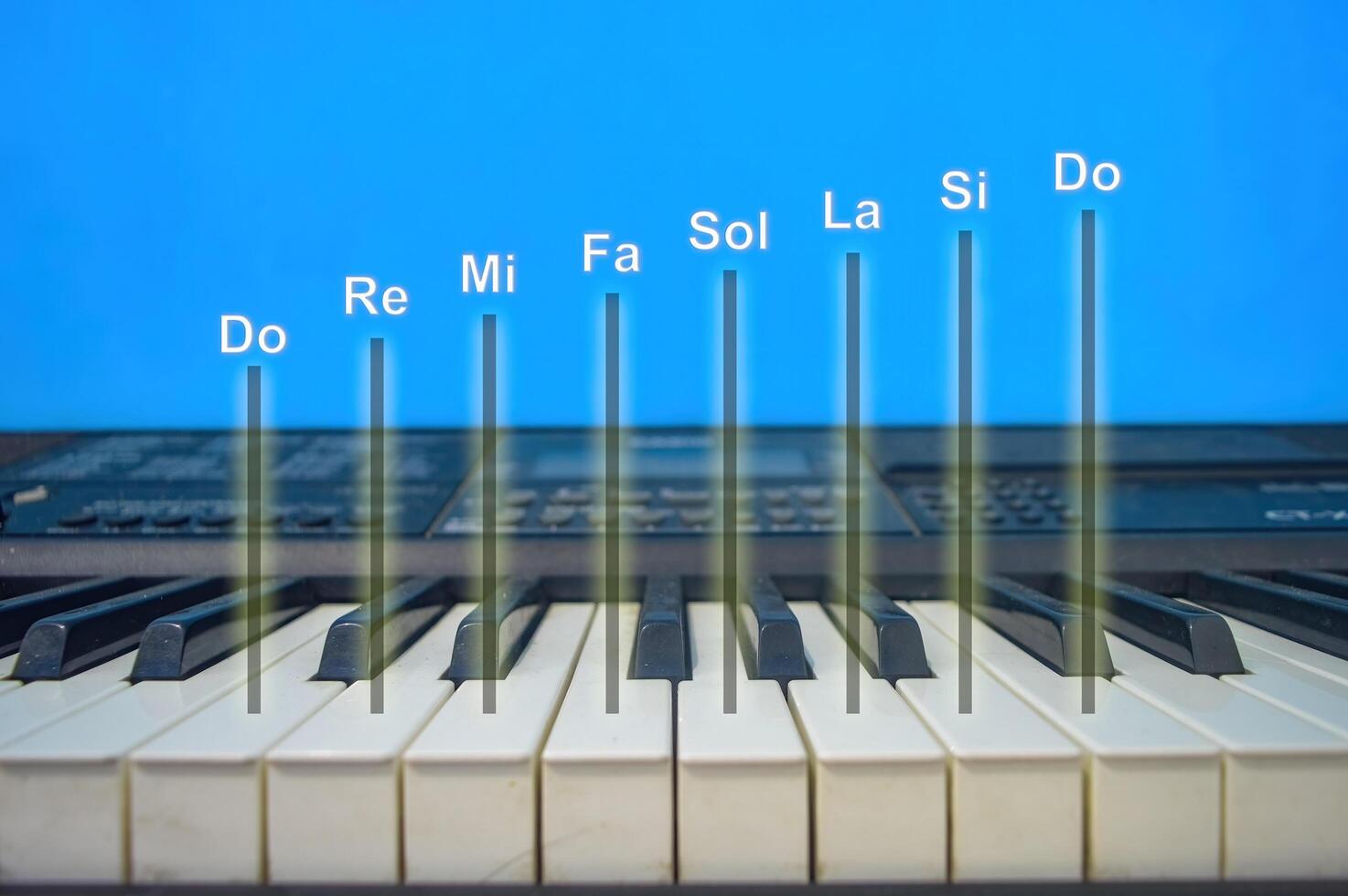 piano scales starting from Do Re Mi Fa Sol La Si Do, digital piano on a plain blue wall background photo