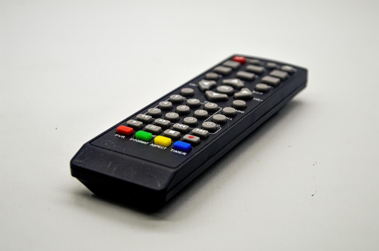 a black tv remote isolated on white background photo