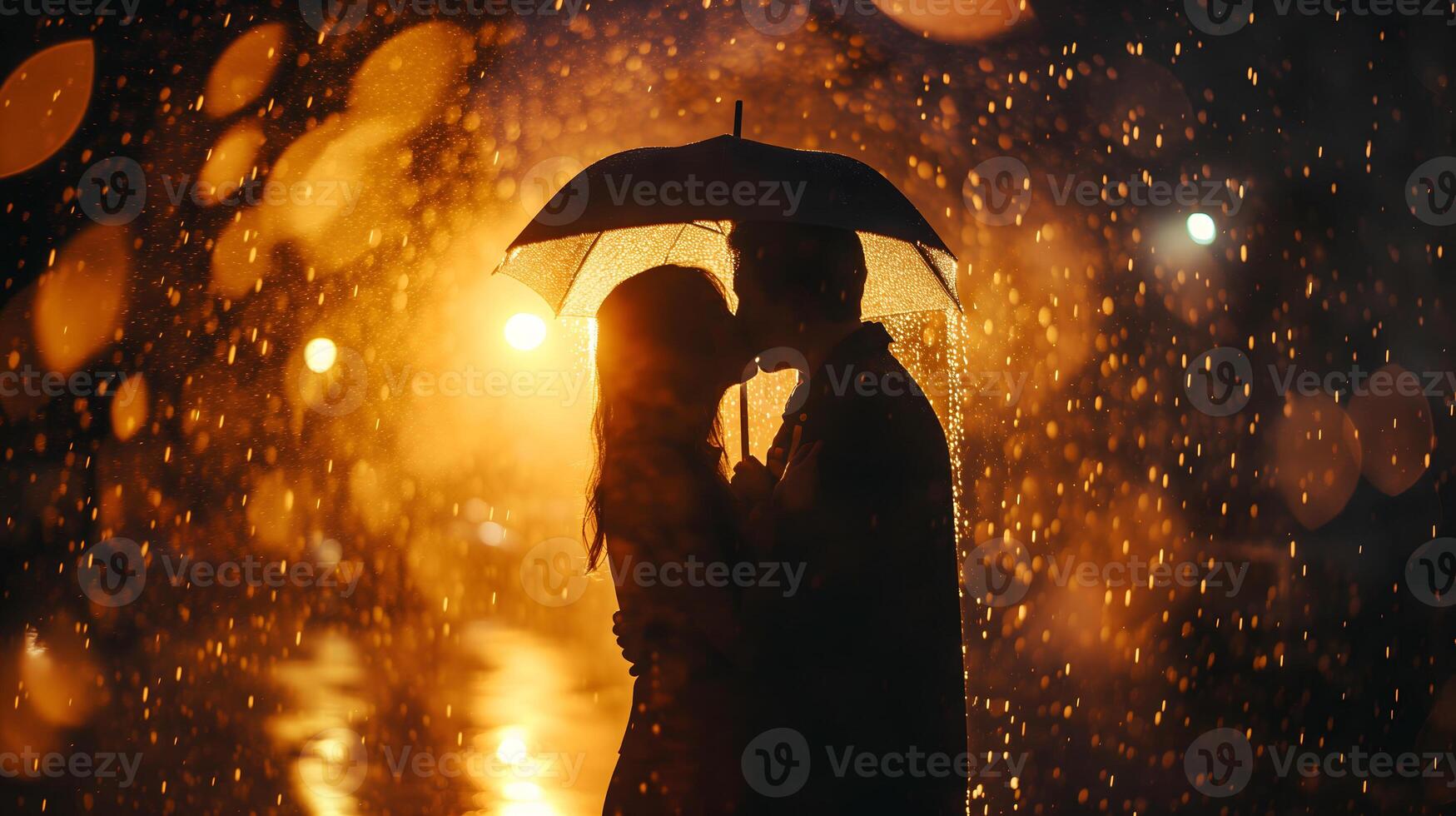 AI generated Couple kissing in the rain with back cinematic light photo