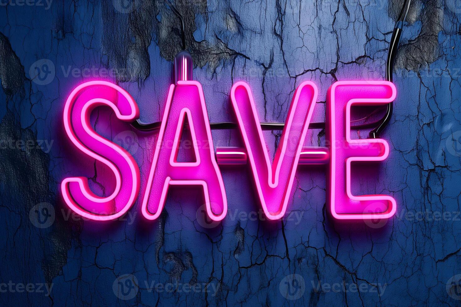 AI generated Neon word SAVE on dark shabby wall photo