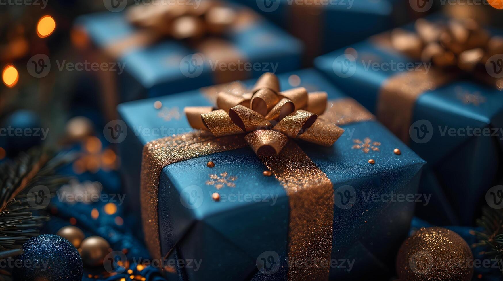 AI generated blue Christmas gift boxes with a gold bow for holiday background photo